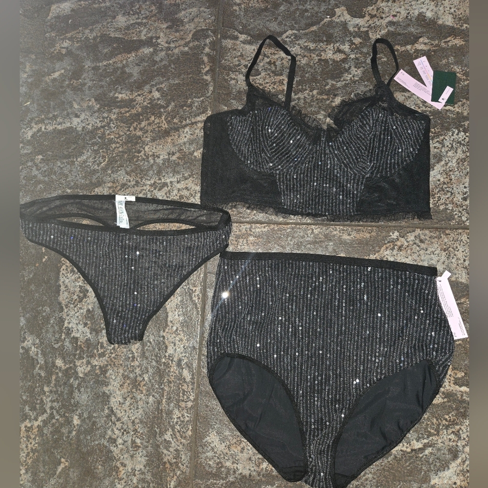 Women's Black Sequin Bralette & Briefs Set - Sparkle Lingerie Size Large
